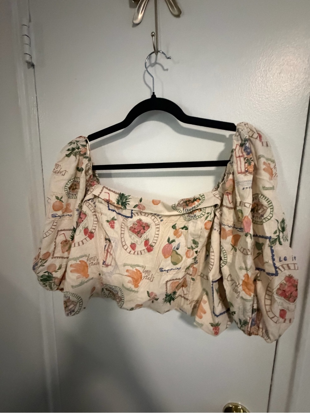 Abercrombie & Fitch Cream Fruit-Print Puff Sleeve Crop Top